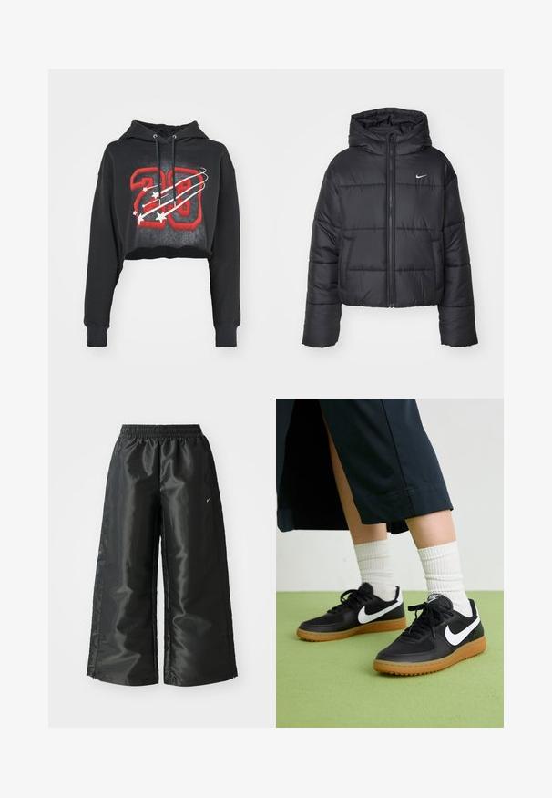 Schwarze Pufferjacke aus Nylon, mit durchgehendem Reißverschluss, Kapuze und zwei Fronttaschen. Das Design umfasst gestickte Abschnitte und ein kleines Logo.; Schwarze cropped Kapuzenjacke aus Baumwollmischung mit einem roten Grafikdruck "28", weißen Sternen und zwei Zugbändern an der Kapuze. Ribbed Cuffs Detail.; Schwarze Sporthose aus glänzendem, glattem Stoff, mit einem elastischen Bund, weitem Bein und einem kleinen Logo auf der linken Seite.; Schwarze Leder- und synthetische Sneakers mit weißem Nike-Swoosh, Gummisohle, runder Spitze und schwarzen Schnürsenkeln. Gestreifte weiße Socken sind sichtbar.