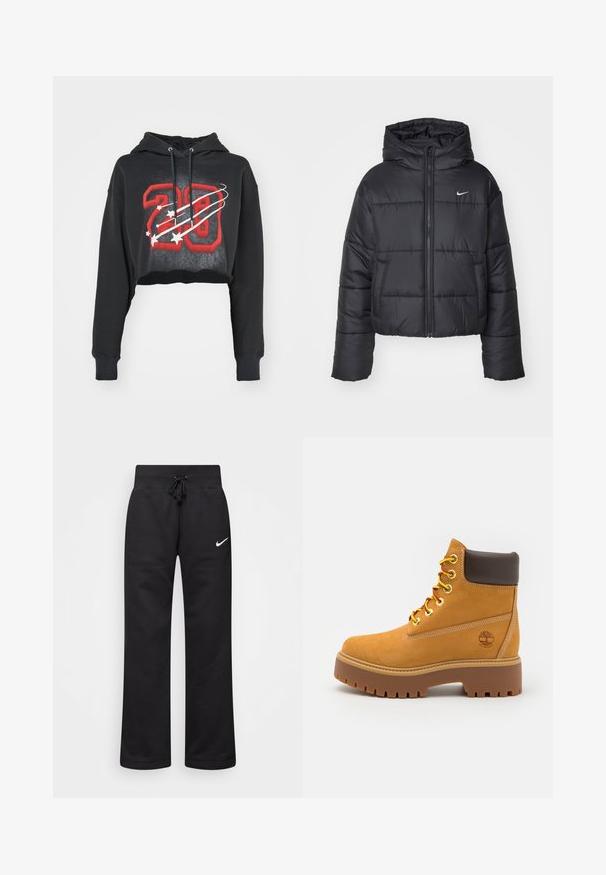 Czarna kurtka puchowa wykonana z nylonu, z zapięciem na zamek, kapturem i dwiema przednimi kieszeniami. Projekt zawiera przeszywane sekcje oraz małe logo.; Czarna krótka bluza z kapturem wykonana z mieszanki bawełny, z czerwoną grafiką „28”, białymi gwiazdkami oraz dwoma sznurkami w kapturze. Detale z prążkowanymi mankietami.; Czarne dresy wykonane z mieszanki bawełny, z elastycznym pasem ze sznurkiem, prostymi nogawkami i białym logo Nike po lewej stronie.; Karmelowy wodoodporny but za kostkę z solidną gumową podeszwą, okrągłym noskiem, brązowym skórzanym kołnierzem, żółtymi sznurówkami i logo po boku.