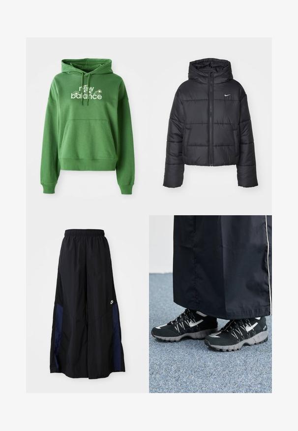 Casaco puffer preto feito de nylon, com fecho éclair à frente, capuz e dois bolsos frontais. O design inclui secções cosidas e um pequeno logo.; Sweatshirt verde com um bolso canguru e o logotipo "new balance" em branco, com detalhes florais na parte da frente.; Calças largas pretas feitas de tecido leve, com um painel lateral azul-marinho e cintura elástica. Pequeno logótipo branco na parte inferior.; Tênis atléticos pretos com um cabedal texturizado, detalhes prateados e um solado estampado, combinados com uma peça longa preta. Ambientado sobre um tapete azul.