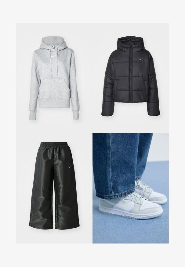 Fekete pehelydzseki, amely nejlonból készült, elöl cipzárral, kapucnival és két elülső zsebbel rendelkezik. A dizájnja varrott részeket és egy kis logót tartalmaz.; Szürke pulóver kapucnis felső, húzózsinóros kapucnival, elülső zsebbel és bordázott mandzsettákkal. A mellrészen egy kis fehér Nike logó látható.; Fekete sportnadrág fényes, sima anyagból, rugalmas derékkal, széles lábakkal és egy kis logóval a bal oldalon.; Fehér és világosszürke bőrből készült Nike sportcipő lyukacsos orral, lapos fűzőkkel és gumitalppal, kék farmernadrággal párosítva.
