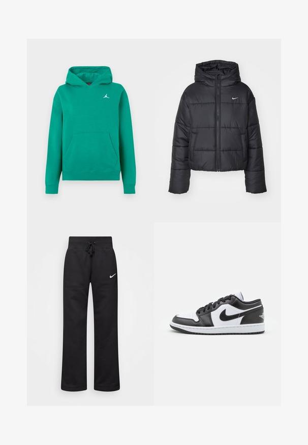 Svart puffjacka i nylon, med dragkedja fram, huva och två framfickor. Designen inkluderar stickade sektioner och en liten logotyp.; Grön huvtröja i mjukt material med en känguruficka och ribbade mudd. Litet vitt Jumpman-logotyp på bröstet. Klassisk avslappnad passform.; Svarta sweatpants i bomullsblandning, med dragsko i midjan, raka ben och en vit Nike-logga på vänster sida.; Svarta och vita Nike låga sneakers har en slät läderöverdel, rund tå, snörning och en mönstrad gummisula.