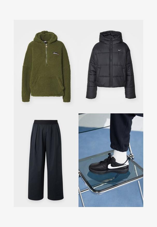 Schwarze Pufferjacke aus Nylon, mit durchgehendem Reißverschluss, Kapuze und zwei Fronttaschen. Das Design umfasst gestickte Abschnitte und ein kleines Logo.; Ellesse ZEPPY - Kapuzenpullover - khaki; Schwarze Hose mit weitem Bein, plissiertem Vorderteil, elastischem Bund und glatter Stofftextur. Verfügt über eine lockere Passform und eine verkürzte Länge.; Schwarze Nike-Sneaker mit weißen Akzenten, die über eine glatte Ledertextur, ein Schnürdesign und eine abgerundete Zehenform verfügen, platziert auf einem Glasstuhl.