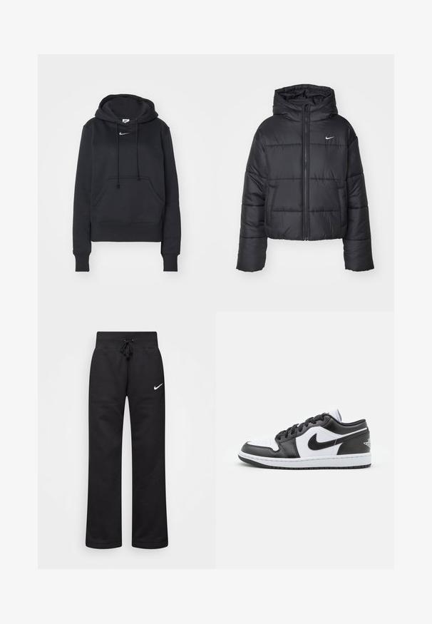 Juodas pūkinis švarkas, pagamintas iš nailono, su užtrauktuku šone, gobtuvu ir dviem priekiniais kišenėmis. Dizainas apima siūtas dalis ir mažą logotipą.; Juodas gobtuvėlis su raišteliais, priekinė kangaroo kišenė ir mažas baltas Nike logotipas krūtinės srityje. Minkšta struktūrinė medžiaga.; Juodos medvilnės blend'o treninginės kelnės su raišteliu juosmens srityje, tiesiomis kojomis ir baltu Nike logotipu kairėje pusėje.; Juodos ir baltos Nike žemos sneaker'iai turi lygią odos viršūnę, apvalų pirštą, raištelių uždarymą ir raštuotą gumos pado apačią.