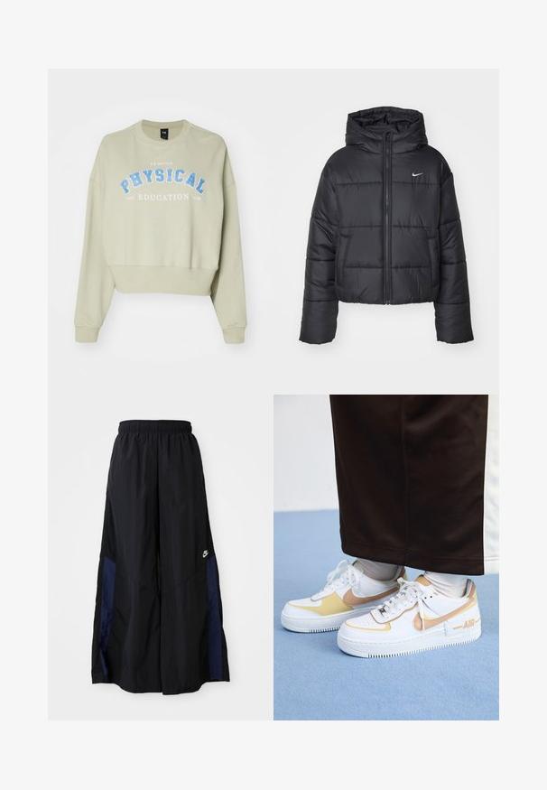 Melnā pūkainā jaka, kas izgatavota no neilona, ar rāvējslēdzēja priekšpusi, kapuci un divām priekšējām kabatām. Dizainā ietilpst šuvju sekcijas un mazs logotips.; Kropēts džemperis no mīkstas, gaiši zaļas kokvilnas ar zilu uzrakstu "FIZISKĀ IZGLĪTĪBA". Iekļautas ribas aproces un apaļa kakla izgriezums.; Melni plata kāju bikses no viegla auduma, ar tumši zilu sānu paneli un elastīgu jostu. Mazs balts logotips apakšā.; Baltas ādas sporta apavi ar zelta akcentiem, ar caurumiem purngalā, plakanām auklām un biezu gumijas zoli ar "AIR" logo sānos.