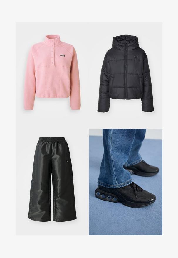 Sort pufferjakke lavet af nylon, med lynlåslukning foran, hætte og to forlommer. Designet inkluderer syede sektioner og et lille logo.; Lyserød Columbia fleece pullover med lange ærmer, snap-knap brystplacket og oprejst krave, lavet af blødt tekstureret stof.; Sorte sportsbukser i et blankt, glat stof med en elastisk talje, brede ben og et lille logo på venstre side.; Sorte træningssko med mesh-overdel, teksturerede detaljer og synlige luftdæmpningspodere i sålen. Båret med blå denimjeans.