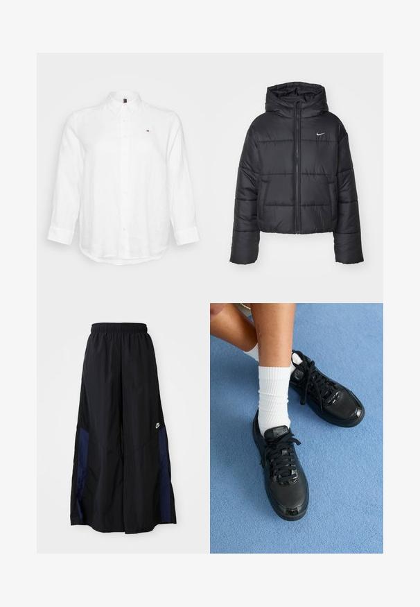 Svart boblejakke laget av nylon, med glidelås i front, hette og to frontlommer. Designet inkluderer sydd seksjoner og en liten logo.; Tommy Hilfiger Curve RELAXED SHIRT - Skjortebluse - optic white; Svarte vide bukser laget av lett stoff, med et marineblått sidestykke og elastisk midjebånd. Liten hvit logo nederst.; Sorte Nike-sneakers har en teksturert overdel, blanke detaljer og runde skolisser. De er kombinert med hvite ribbede sokker på en lyseblå overflate.