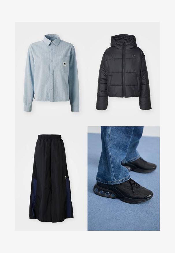 Casaco puffer preto feito de nylon, com fecho éclair à frente, capuz e dois bolsos frontais. O design inclui secções cosidas e um pequeno logo.; Camisa de botão de manga longa azul-clara com um padrão texturizado, um bolso no peito e um rótulo da marca no bolso. Feita de tecido tecido.; Calças largas pretas feitas de tecido leve, com um painel lateral azul-marinho e cintura elástica. Pequeno logótipo branco na parte inferior.; Ténis atléticos pretos com parte superior em malha, detalhes texturizados e almofadas de amortecimento de ar visíveis na sola. Usados com uns jeans de ganga azuis.