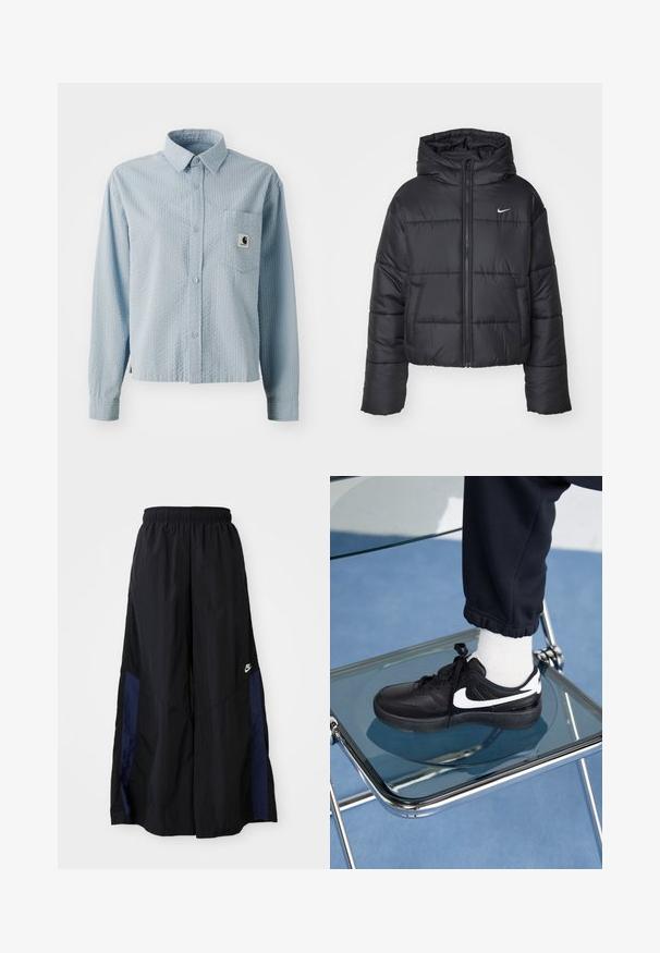 Černá péřová bunda vyrobená z nylonu, s předním zipem, kapucí a dvěma předními kapsami. Design zahrnuje prošívané části a malé logo.; Světle modrá košile s dlouhým rukávem a knoflíkovým zapínáním, s texturovaným vzorem, náprsní kapsou a logem značky na kapse. Vyrobena z tkané látky.; Černé kalhoty širokého střihu vyrobené z lehkého materiálu, s námořnickou modrou bočním panelem a elastickým pasem. Malé bílé logo na spodní části.; Černé tenisky Nike s bílými akcenty, s hladkou koženou texturou, šněrovacím designem a zaoblenou špičkou, umístěné na skleněné židli.