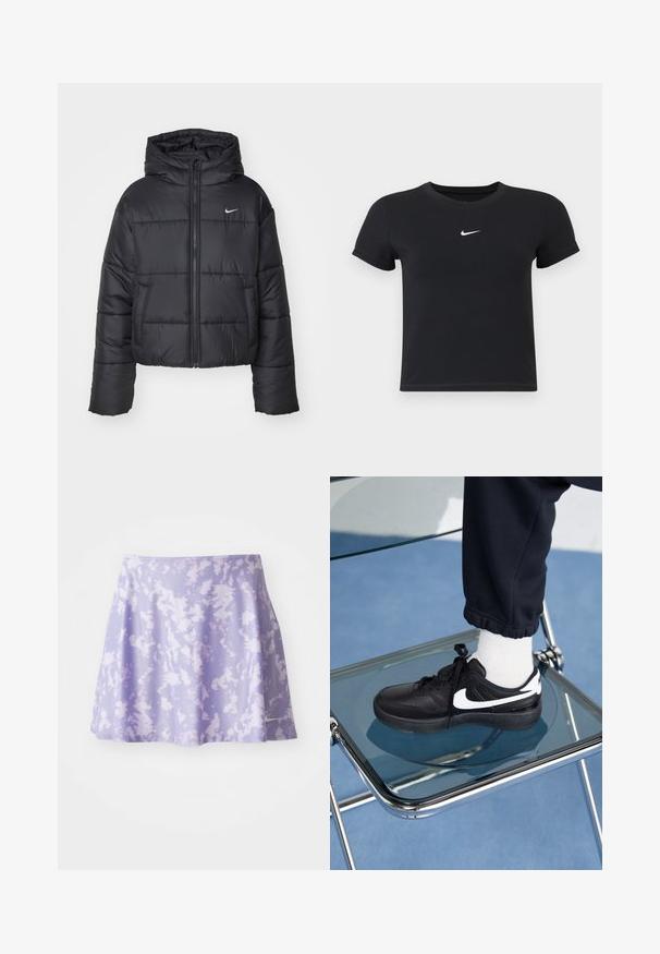 Musta puhallettava takki, joka on valmistettu nylonsesta, varustettu vetoketjukiinnityksellä, hupulla ja kahdella etutaskulla. Suunnittelussa on brodeerattuja osia ja pieni logo.; Mustat lyhyet hihattomat t-paidat, jotka on valmistettu puuvillasta ja joissa on pyöreä pääntie. Sisältää valkoisen Nike-logon rinnassa, yksinkertainen muotoilu ja kapea leikkaus.; Violetti hamonen, joka on valmistettu kevyestä kankaasta ja jossa on sitruunaottelukuviot. Sen muodossa on liehuva malli ja mukavuuden takaava joustava vyötärö.; Mustat Nike-tennarit valkoisilla yksityiskohdilla, joissa on sileä nahkapinta, nauhakiinnitys ja pyöreä varvas, aseteltuna lasituolille.