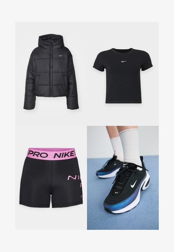 Črna pufasta jakna iz najlona, z zadrgo spredaj, kapuco in dvema sprednjima žepoma. Oblikovanje vključuje šivane dele in majhen logotip.; Črna kratka majica z rokavi iz bombaža s krožnim vratnim izrezom. Ima bel Nike logotip na prsih, minimalističen dizajn in oprijet kroj.; Črne atletske kratke hlače s roza pasom, na katerem je napisan tekst "NIKE PRO" in roza logo. Narejene so iz raztegljivega, vlago odvajajočega materiala.; Črne Nike športne copate z gladkim zgornjim delom iz tkanine, ki imajo gradientni dizajn od modre do črne, belo podplat in izrazite logotipne akcenta.