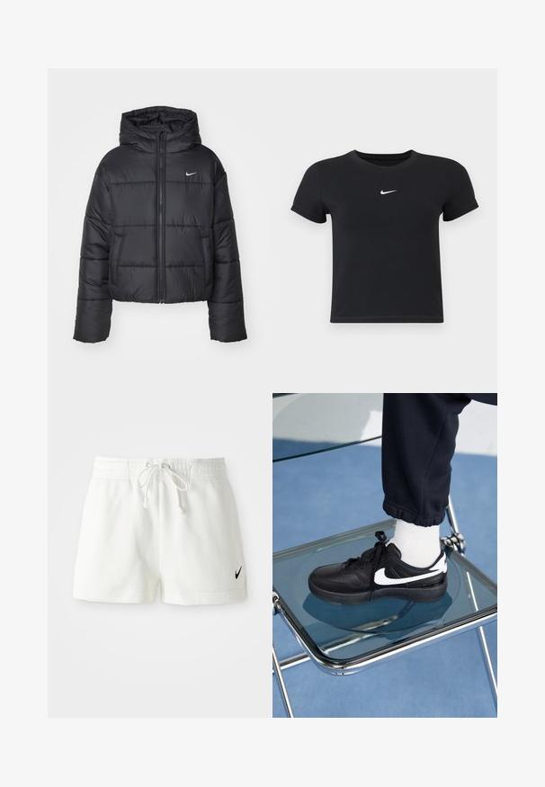 Svart puffjacka i nylon, med dragkedja fram, huva och två framfickor. Designen inkluderar stickade sektioner och en liten logotyp.; Svart kortärmad t-shirt i bomull med rund halsringning. Har en vit Nike-logotyp på bröstet, minimalistisk design och figurnära passform.; Vita bomullsidrottsshorts med elastisk midja och dragsko, med en liten svart Nike-swoosh på vänster ben.; Svarta Nike-sneakers med vita detaljer, med en slät läderstruktur, snörningsdesign och rund tå, placerade på en glasstol.