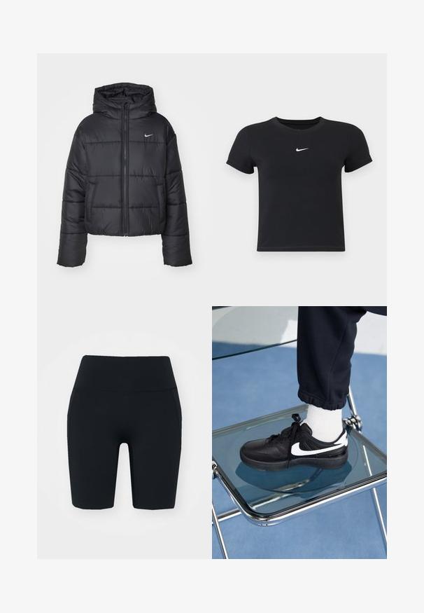 Giubbotto imbottito nero in nylon, con zip frontale, cappuccio e due tasche frontali. Il design presenta sezioni cucite e un piccolo logo.; T-shirt nera a maniche corte in cotone con scollatura rotonda. Presenta un logo Nike bianco sul petto, un design minimalista e una forma aderente.; Shorts da ciclismo neri a vita alta realizzati in un tessuto elastico con una superficie liscia, dotati di tasche laterali e di un design aderente.; Sneakers Nike neri con accenti bianchi, caratterizzati da una superficie in pelle liscia, design con lacci e punta rotonda, posizionati su una sedia di vetro.