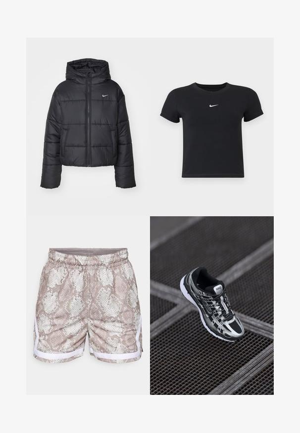 Čierna prešívaná bunda vyrobená z nylonu, s predným zipsom, kapucňou a dvoma prednými vreckami. Dizajn obsahuje prešité časti a malé logo.; Čierne tričko s krátkym rukávom vyrobené z bavlny s okrúhlym výstrihom. Obsahuje biele logo Nike na hrudi, minimalistický dizajn a priliehavý strih.; Kraťasy s hadím vzorom v béžovej a bielej farbe, s elastickým pásom a bielymi bočnými akcentmi. Hladká textúra, jednoduchý dizajn.; Bežecká obuv Nike s čierno-striebornou farebnou schémou, sieťovinovým zvrškom, štruktúrovanou podrážkou a systémom šnurovania pre bezpečné uchytenie.