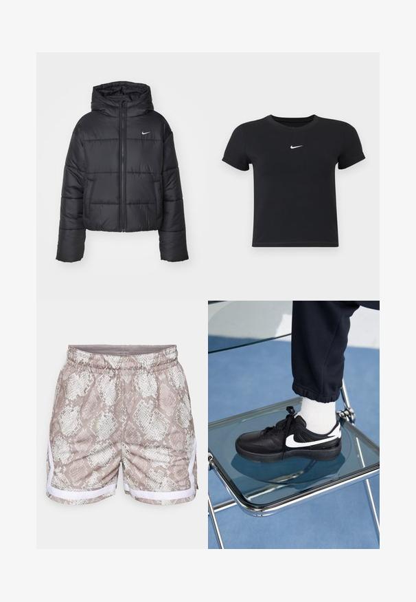 Zwarte pufferjack van nylon, met een rits aan de voorkant, een capuchon en twee vo pockets. Het ontwerp heeft gestikte secties en een klein logo.; Zwarte katoenen t-shirt met korte mouwen en ronde hals. Voorzien van een wit Nike-logo op de borst, minimalistisch ontwerp en een aansluitende pasvorm.; Korte broek met een slangenhuidpatroon in beige en wit, met een elastische tailleband en witte zijaccenten. Gladde textuur, casual ontwerp.; Zwarte Nike sneakers met witte accenten, met een gladde leren textuur, vetersluiting en ronde neus, geplaatst op een glazen stoel.