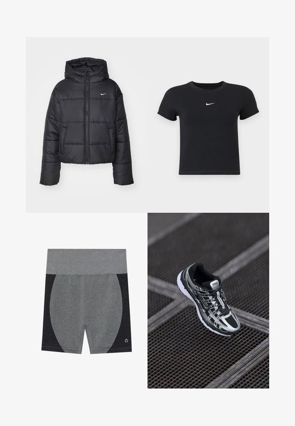 Zwarte pufferjack van nylon, met een rits aan de voorkant, een capuchon en twee vo pockets. Het ontwerp heeft gestikte secties en een klein logo.; Zwarte katoenen t-shirt met korte mouwen en ronde hals. Voorzien van een wit Nike-logo op de borst, minimalistisch ontwerp en een aansluitende pasvorm.; Grijze sportshorts met een brede elastische tailleband. Heeft een gestructureerd zwart zijpaneel en een logo rechtsonder. Glad materiaal.; Nike hardloopschoen met een zwart en zilver kleurenschema, bovenwerk van mesh, tekstuurzool en vetersysteem voor een veilige pasvorm.