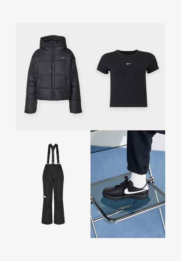 Černá péřová bunda vyrobená z nylonu, s předním zipem, kapucí a dvěma předními kapsami. Design zahrnuje prošívané části a malé logo.; Černé tričko s krátkým rukávem vyrobené z bavlny s kulatým výstřihem. Na hrudi se nachází bílé logo Nike, minimalistický design a přiléhavý střih.; Černé nepromokavé kalhoty s nastavitelnými kšandami s logem. Rovný střih a hladký povrch pro pohodlí a flexibilitu.; Černé tenisky Nike s bílými akcenty, s hladkou koženou texturou, šněrovacím designem a zaoblenou špičkou, umístěné na skleněné židli.