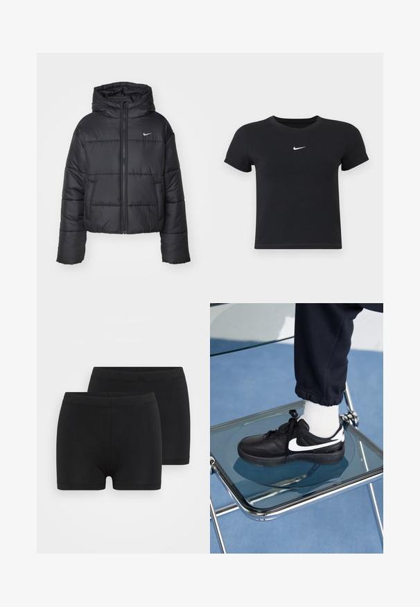 Black puffer jacket made of nylon, featuring a zip front, hood, and two front pockets. The design includes stitched sections and a small logo.; Black short-sleeve t-shirt made of cotton with a round neckline. Features a white Nike logo on the chest, minimalistic design, and fitted shape.; Black cotton shorts with an elastic waistband, featuring a smooth texture and a simple, streamlined design. Pack includes two pairs.; Black Nike sneakers with white accents, featuring a smooth leather texture, lace-up design, and rounded toe, positioned on a glass chair.
