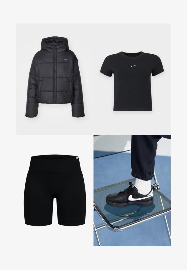 Czarna kurtka puchowa wykonana z nylonu, z zapięciem na zamek, kapturem i dwiema przednimi kieszeniami. Projekt zawiera przeszywane sekcje oraz małe logo.; Czarny krótki rękaw t-shirt wykonany z bawełny, z okrągłym dekoltem. Posiada białe logo Nike na piersi, minimalistyczny wzór oraz dopasowany krój.; Czarne sportowe szorty z szerokim, prążkowanym pasem. Wykonane z gładkiego, elastycznego materiału, dopasowane w sylwetce, z krótkim dołem.; Czarne sneakersy Nike z białymi akcentami, charakteryzujące się gładką skórzaną teksturą, zawiązywaną konstrukcją i zaokrąglonym noskiem, umieszczone na szklanym krześle.