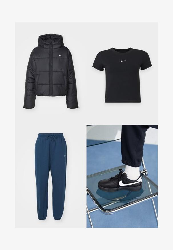 Černá péřová bunda vyrobená z nylonu, s předním zipem, kapucí a dvěma předními kapsami. Design zahrnuje prošívané části a malé logo.; Černé tričko s krátkým rukávem vyrobené z bavlny s kulatým výstřihem. Na hrudi se nachází bílé logo Nike, minimalistický design a přiléhavý střih.; Námořnické modré tepláky vyrobené z měkké tkaniny, s elastickým pasem na šňůrku a malým bílým logem Nike na levé straně.; Černé tenisky Nike s bílými akcenty, s hladkou koženou texturou, šněrovacím designem a zaoblenou špičkou, umístěné na skleněné židli.