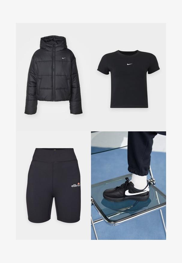 Black puffer jacket made of nylon, featuring a zip front, hood, and two front pockets. The design includes stitched sections and a small logo.; Black short-sleeve t-shirt made of cotton with a round neckline. Features a white Nike logo on the chest, minimalistic design, and fitted shape.; Black high-waisted athletic shorts with a smooth texture, featuring an elastic waistband and a small colorful "ellesse" logo on the thigh.; Black Nike sneakers with white accents, featuring a smooth leather texture, lace-up design, and rounded toe, positioned on a glass chair.