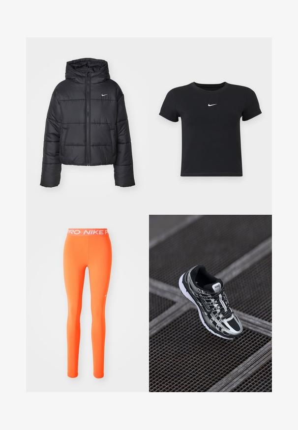 Musta puhallettava takki, joka on valmistettu nylonsesta, varustettu vetoketjukiinnityksellä, hupulla ja kahdella etutaskulla. Suunnittelussa on brodeerattuja osia ja pieni logo.; Mustat lyhyet hihattomat t-paidat, jotka on valmistettu puuvillasta ja joissa on pyöreä pääntie. Sisältää valkoisen Nike-logon rinnassa, yksinkertainen muotoilu ja kapea leikkaus.; Oranssi urheilu leggingsit, joissa on tiukka muotoilu ja jotka on valmistettu joustavasta materiaalista. Varustettu valkoisella merkkivaatteella ja pienellä logolla sivussa.; Nike juoksukengät, joissa on musta ja hopea väriyhdistelmä, verkkomainen päällinen, karkea pohja ja sidontajärjestelmä varman istuvuuden takaamiseksi.