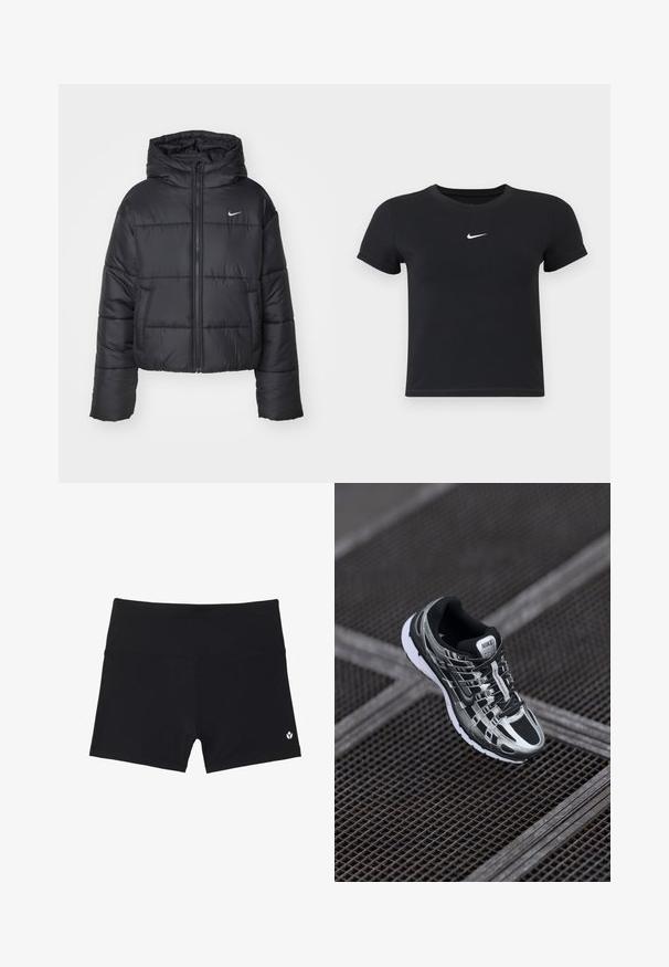 Zwarte pufferjack van nylon, met een rits aan de voorkant, een capuchon en twee vo pockets. Het ontwerp heeft gestikte secties en een klein logo.; Zwarte katoenen t-shirt met korte mouwen en ronde hals. Voorzien van een wit Nike-logo op de borst, minimalistisch ontwerp en een aansluitende pasvorm.; Zwarte sportshorts gemaakt van rekbare stof met een rechte tailleband en een klein logo rechtsonder. Gladde textuur, geen patronen.; Nike hardloopschoen met een zwart en zilver kleurenschema, bovenwerk van mesh, tekstuurzool en vetersysteem voor een veilige pasvorm.