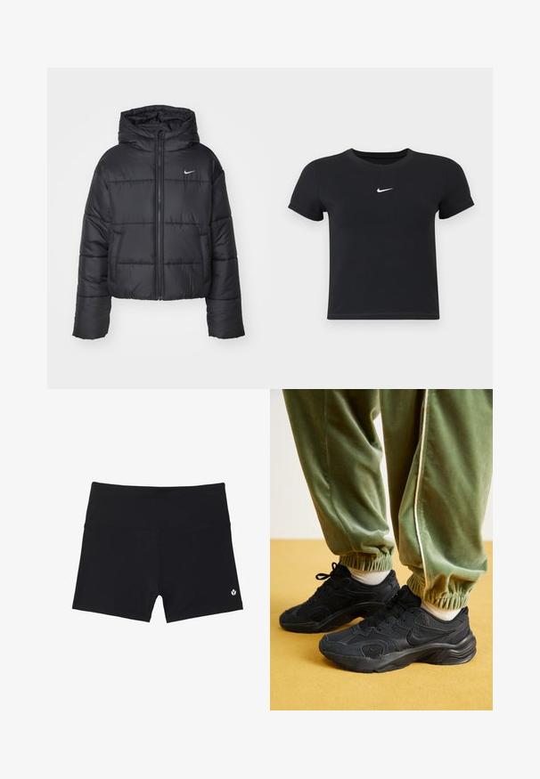 Jachetă puffer neagră din nailon, cu fermoar în față, glugă și două buzunare frontale. Designul include secțiuni cusute și un mic logo.; Tricou negru cu mânecă scurtă, din bumbac, cu decolteu rotund. Prezintă un logo alb Nike pe piept, design minimalist și croială ajustată.; Pantaloni scurți atletici negri, confecționați dintr-un material elastic, cu un talie înaltă și un mic logo alb în colțul din dreapta jos.; Adidași atletici negri cu plasă și suprapunerile sintetice, talpă texturată, asociați cu pantaloni de trening verzi, cu manșete elastice, pe o suprafață galbenă.