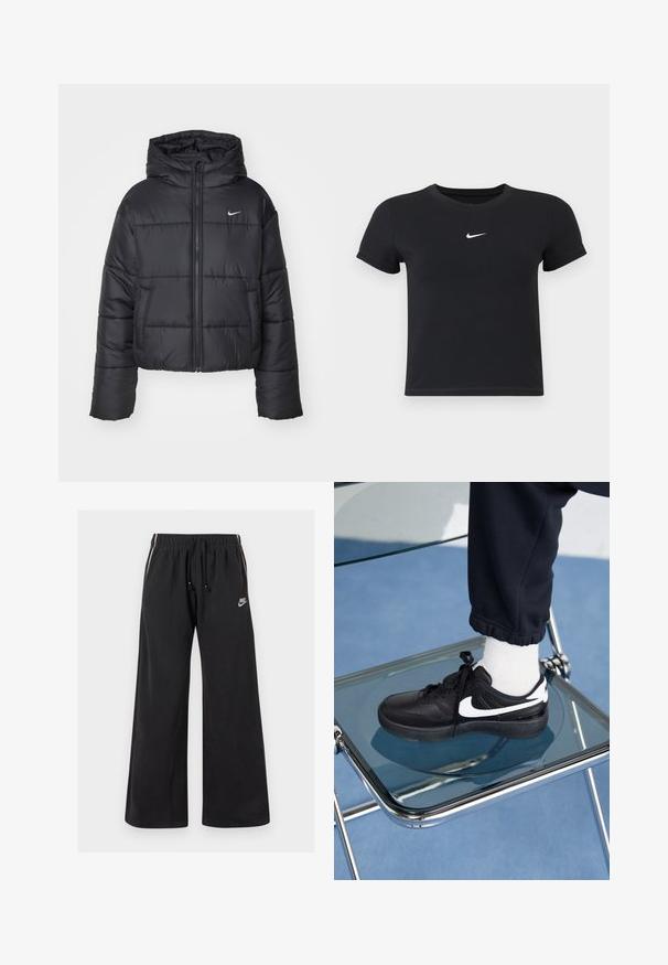 Černá péřová bunda vyrobená z nylonu, s předním zipem, kapucí a dvěma předními kapsami. Design zahrnuje prošívané části a malé logo.; Černé tričko s krátkým rukávem vyrobené z bavlny s kulatým výstřihem. Na hrudi se nachází bílé logo Nike, minimalistický design a přiléhavý střih.; Černé tepláky vyrobené z měkké látky, s elastickým pasem a stahovací šňůrou, bočními pruhy a malým logem na levé přední straně.; Černé tenisky Nike s bílými akcenty, s hladkou koženou texturou, šněrovacím designem a zaoblenou špičkou, umístěné na skleněné židli.