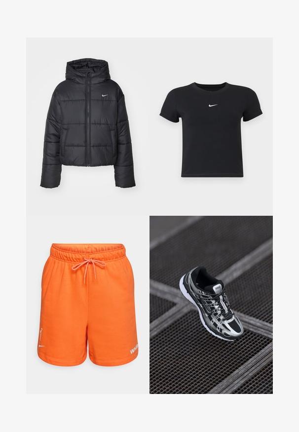 Crna puf jakna izrađena od najlona, s patentnim zatvaračem sprijeda, kapuljačom i dva prednja džepa. Dizajn uključuje šivene dijelove i mali logo.; Crna majica kratkih rukava od pamuka s okruglim izrezom. Ima bijeli Nike logotip na prsima, minimalistički dizajn i oblik koji prati liniju tijela.; Narančaste pamučne kratke hlače s elastičnim pojasom i vezicom. Imaju logo na lijevoj nozi u bijeloj boji. Glatka textura i ležeran dizajn.; Nike trkaći model tenisice s crno-srebrnom bojom, mrežastim gornjim dijelom, teksturiranim potplatom i sustavom vezivanja za sigurno prilagođavanje.