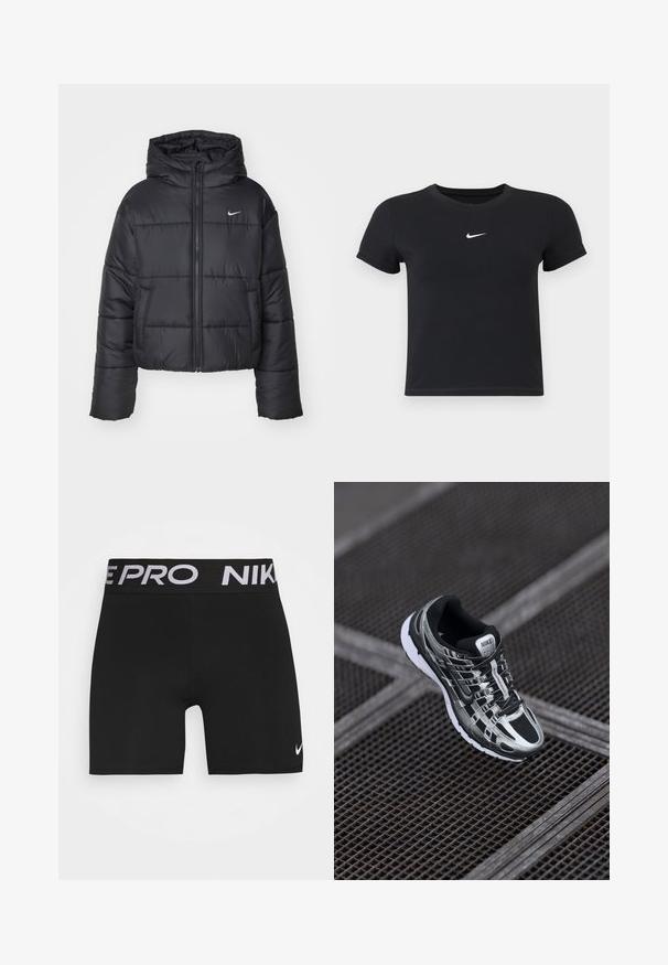 Melnā pūkainā jaka, kas izgatavota no neilona, ar rāvējslēdzēja priekšpusi, kapuci un divām priekšējām kabatām. Dizainā ietilpst šuvju sekcijas un mazs logotips.; Melns īsām piedurknēm T-krekls no kokvilnas ar apaļu kakla izgriezumu. Ar balto Nike logotipu uz krūtīm, minimālisma dizains un pieguļošs siluets.; Melni sporta šorti ar platām melnām jostas vietām, uz kurām redzams uzraksts "NIKE PRO" baltām burtiem. Iekļauts neliels balts Nike Swoosh logotips uz kājas.; Nike skriešanas apavi ar melnas un sudraba krāsas shēmu, acs augšdaļu, teksturētu zoli un saistes sistēmu drošai piegulšanai.