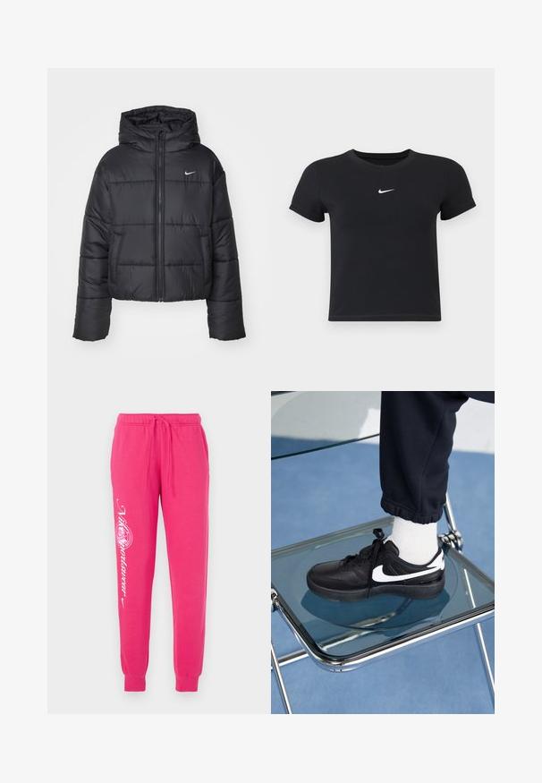 Černá péřová bunda vyrobená z nylonu, s předním zipem, kapucí a dvěma předními kapsami. Design zahrnuje prošívané části a malé logo.; Černé tričko s krátkým rukávem vyrobené z bavlny s kulatým výstřihem. Na hrudi se nachází bílé logo Nike, minimalistický design a přiléhavý střih.; Růžové tepláky vyrobené z měkké tkaniny, s elastickým pasem na šňůrku, zúženými manžetami a bílým grafickým textem na levé nohavici.; Černé tenisky Nike s bílými akcenty, s hladkou koženou texturou, šněrovacím designem a zaoblenou špičkou, umístěné na skleněné židli.
