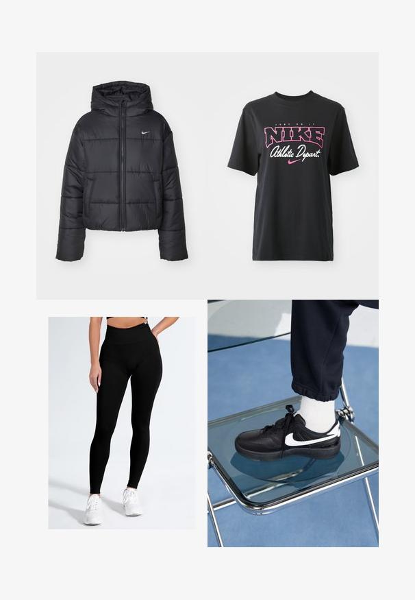 Veste matelassée noire en nylon, avec fermeture éclair sur le devant, capuche et deux poches avant. Le design comprend des sections cousues et un petit logo.; T-shirt en coton noir avec un imprimé graphique en rose et blanc portant les textes "JUST DO IT", "NIKE" et "Athletic Depart." Coupe standard.; Leggings noirs avec une taille haute, fabriqués en tissu lisse et extensible. Le design présente une silhouette ajustée sans motifs ni accents visibles.; Baskets Nike noires avec des accents blancs, présentant une texture en cuir lisse, un design à lacets et un bout rond, placées sur une chaise en verre.