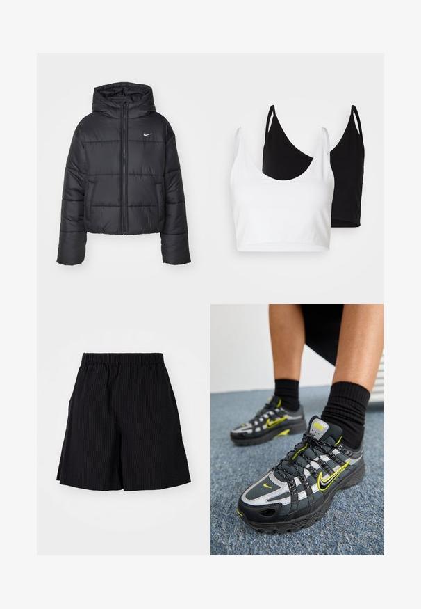 Sort pufferjakke lavet af nylon, med lynlåslukning foran, hætte og to forlommer. Designet inkluderer syede sektioner og et lille logo.; To bomulds crop tops i hvid og sort. Hver har en dyb udskæring og tynde skulderstropper, der har en glat, blød tekstur.; Sorte shorts lavet af tekstureret stof med et ribbet mønster. Har en elastisk talje og en afslappet pasform. Slutter lige over knæet.; Sorte og grå atletiske sko med refleksive sølvdetaljer, teksturerede mesh-paneler og lysegule detaljer. Snørebåndsdesign med struktureret sål.