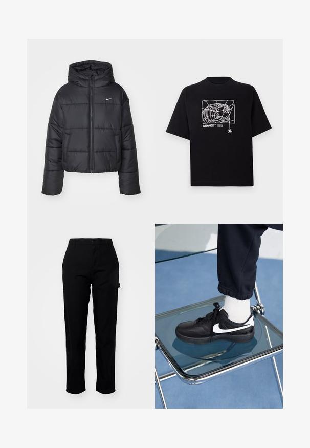 Zwarte pufferjack van nylon, met een rits aan de voorkant, een capuchon en twee vo pockets. Het ontwerp heeft gestikte secties en een klein logo.; Zwarte T-shirt van katoen met korte mouwen. Voorzien van een witte spinnenwebgrafiek en logo op de voorkant. Eenvoudige ronde halslijn.; Carhartt WIP PIERCE PANT - Broek - black; Zwarte Nike sneakers met witte accenten, met een gladde leren textuur, vetersluiting en ronde neus, geplaatst op een glazen stoel.