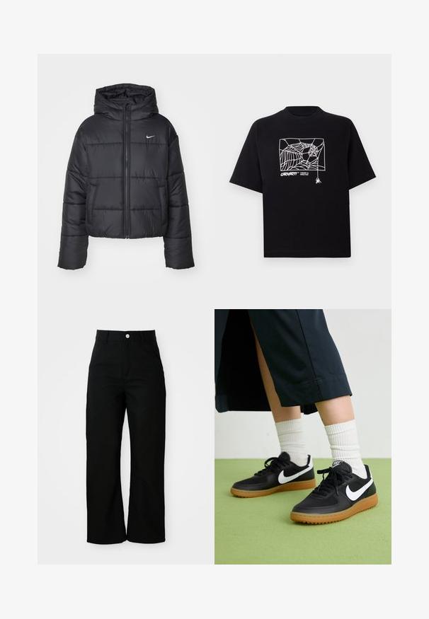 Sort pufferjakke lavet af nylon, med lynlåslukning foran, hætte og to forlommer. Designet inkluderer syede sektioner og et lille logo.; Sort T-shirt lavet af bomuld med korte ærmer. Har et hvidt edderkoppespin grafik og logo på fronten. Enkel rund halsudskæring.; Sorte højtaljede bukser med lige ben, forlommer, bæltestropper og sølvfarvet knaplukning på hvid baggrund.; Sorte læder- og syntetiske sneakers med hvid Nike swoosh, gummisål, rund tå og sorte snørebånd. Ribbede hvide sokker synlige.