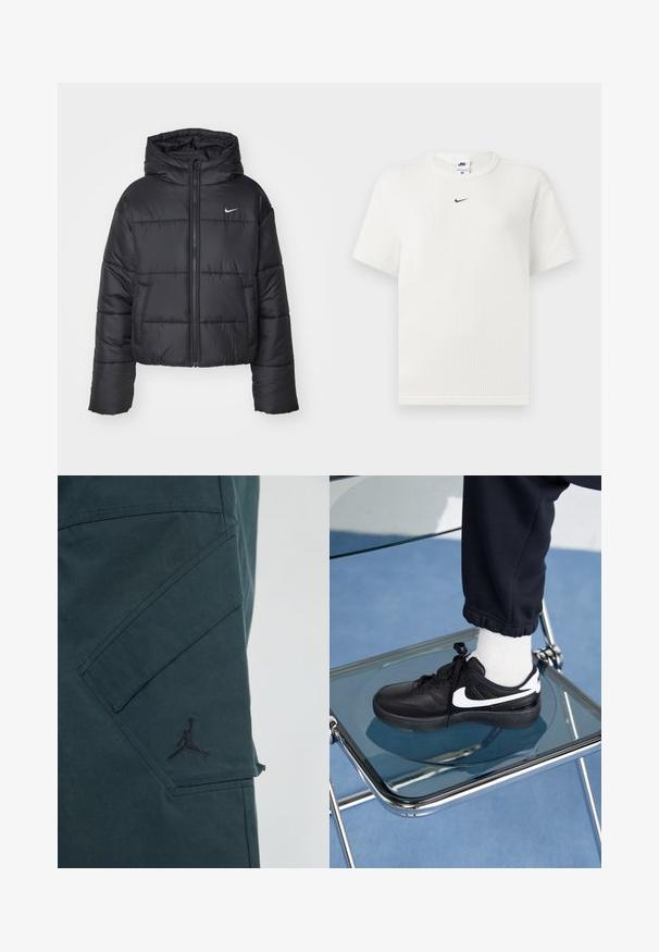 Musta puhallettava takki, joka on valmistettu nylonsesta, varustettu vetoketjukiinnityksellä, hupulla ja kahdella etutaskulla. Suunnittelussa on brodeerattuja osia ja pieni logo.; Valkoinen ribattu t-paita pyöreällä kaula-aukolla ja lyhyillä hihoilla. Rinnassa on pieni musta Nike-logo. Teksturoitu kangas, joka on muotoiluistuva.; Tummanvihreät cargo-housut matalla pinnalla ja viistolla taskulla. Ominaisuuksiin kuuluu musta Jumpman-logo ja näkyvät ompeluyksityiskohdat.; Mustat Nike-tennarit valkoisilla yksityiskohdilla, joissa on sileä nahkapinta, nauhakiinnitys ja pyöreä varvas, aseteltuna lasituolille.