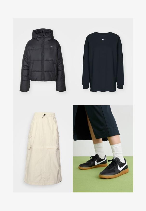 Juodas pūkinis švarkas, pagamintas iš nailono, su užtrauktuku šone, gobtuvu ir dviem priekiniais kišenėmis. Dizainas apima siūtas dalis ir mažą logotipą.; Juodas ilgam rankovėms marškinėlis, pagamintas iš medvilnės, su apvalia iškirpte. Krūtinėje yra baltas Nike logotipas. Minkšta tekstūra, paprastas dizainas.; Šviesiai rudas, ilgas cargo sijonas pagamintas iš lengvos medžiagos, su elastine juosta ir raišteliu, šoninėmis kišenėmis ir subtilia tekstūra.; Juodos odinės ir sintetinių medžiagų sportbačiai su balta Nike swoosh, guminis padas, apvalus pirštas ir juodi raišteliai. Matomos banguotos baltos kojinės.