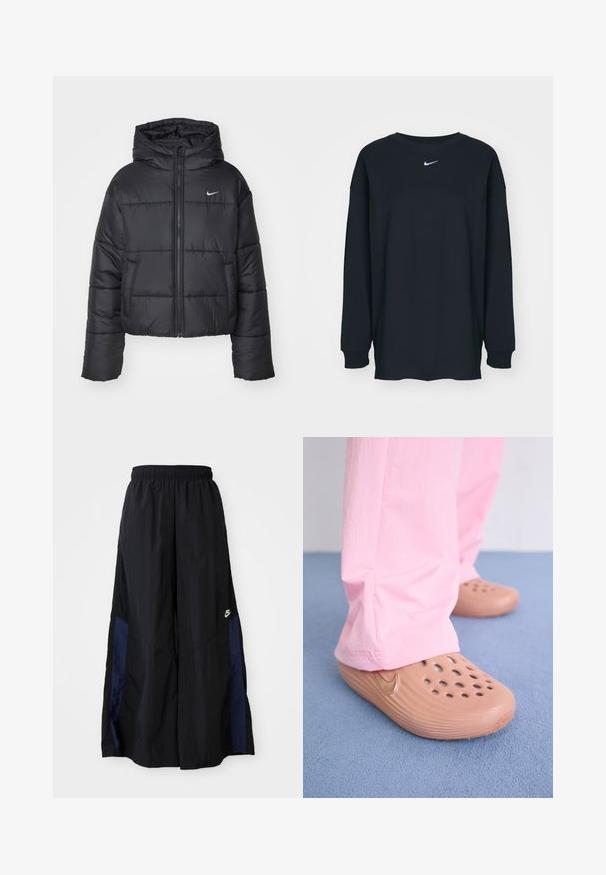 Chaqueta de plumas negra hecha de nailon, con cierre de cremallera frontal, capucha y dos bolsillos delanteros. El diseño incluye secciones cosidas y un pequeño logotipo.; Camiseta negra de manga larga hecha de algodón con cuello redondo. Presenta un logo blanco de Nike en el pecho. Textura suave, diseño sencillo.; Pantalones de pierna ancha negros, confeccionados en una tela ligera, con un panel lateral azul marino y una cinturilla elástica. Logotipo blanco pequeño en la parte inferior.; Zuecos de Nike en plástico marrón con perforaciones, lados texturizados y un swoosh dorado. Se llevan con pantalones rosas sobre un suelo azul.