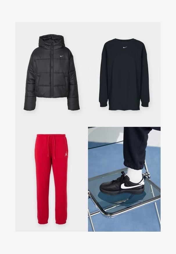 Czarna kurtka puchowa wykonana z nylonu, z zapięciem na zamek, kapturem i dwiema przednimi kieszeniami. Projekt zawiera przeszywane sekcje oraz małe logo.; Czarna, długosleeve'owa koszulka z bawełny z okrągłym dekoltem. Posiada białe logo Nike na piersi. Miękka faktura, prosty design.; Czerwone bawełniane dresy z sznurkiem w talii, elastycznymi mankietami i białym logo na lewej udzie. Gładka tekstura, standardowy krój.; Czarne sneakersy Nike z białymi akcentami, charakteryzujące się gładką skórzaną teksturą, zawiązywaną konstrukcją i zaokrąglonym noskiem, umieszczone na szklanym krześle.