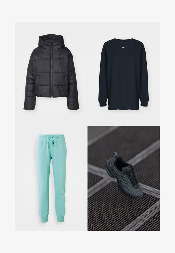 Crna puf jakna izrađena od najlona, s patentnim zatvaračem sprijeda, kapuljačom i dva prednja džepa. Dizajn uključuje šivene dijelove i mali logo.; Crna dugih rukava majica od pamuka s okruglim izrezom. Sadrži bijeli Nike logo na prsima. Mekana tekstura, jednostavan dizajn.; Svijetlozelene sweatpants hlače s elastičnim pojasom, vezicom i rebrastim rubovima. Imaju mali bijeli Nike logotip na lijevom bedru.; Tamnozelena i crna Nike Air tenisica lebdi iznad metalne rešetkaste podloge, prikazujući svoje bočne i gornje dizajnerske detalje.