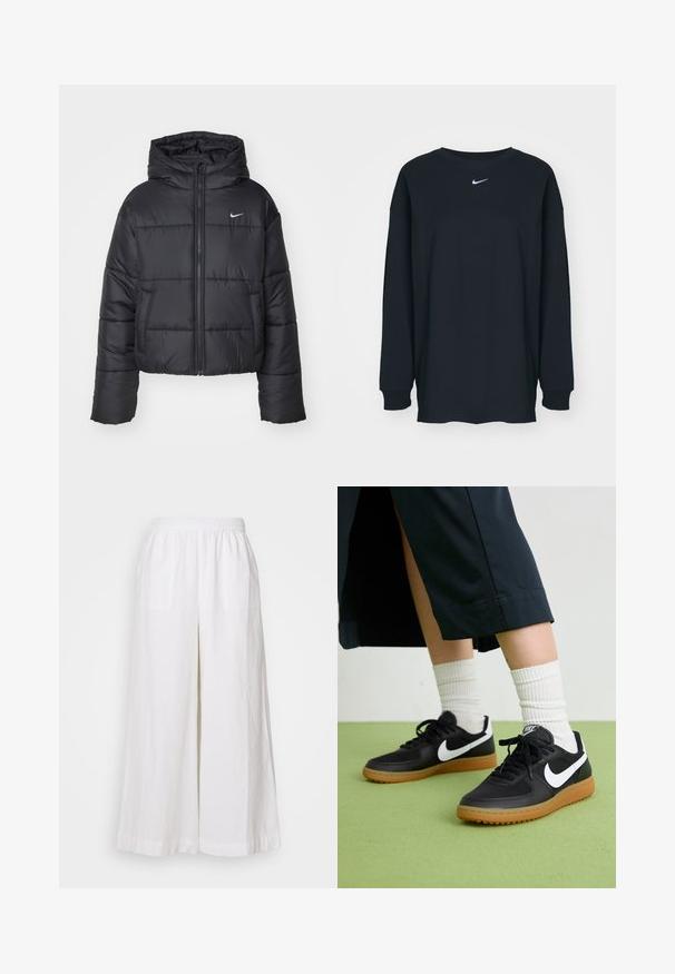 Black puffer jacket made of nylon, featuring a zip front, hood, and two front pockets. The design includes stitched sections and a small logo.; Black long-sleeve T-shirt made of cotton with a crew neckline. Features a white Nike logo on the chest. Soft texture, simple design.; White linen wide-leg pants with an elastic waistband, featuring two front pockets and a lightweight, textured fabric.; Black leather and synthetic sneakers with white Nike swoosh, rubber gum sole, round toe, and black laces. Ribbed white socks visible.