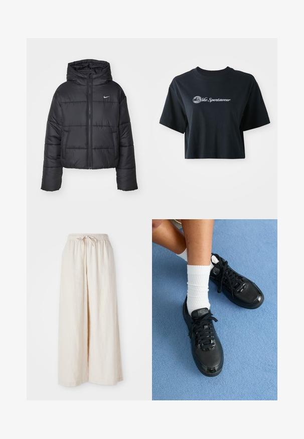Sort pufferjakke lavet af nylon, med lynlåslukning foran, hætte og to forlommer. Designet inkluderer syede sektioner og et lille logo.; Afskåret sort bomulds T-shirt med korte ærmer, der har hvid tekst "Vice Sportswear" og et cirkulært grafisk motiv på forsiden.; Bredde ben, flødefarvede bukser med elastisk talje og snor. Glat, let linnedstof uden synlige mønstre eller hardware.; Sorte Nike sneakers har en struktureret overdel, blanke detaljer og runde snørebånd. De er parret med hvide ribbede sokker på en lyseblå overflade.