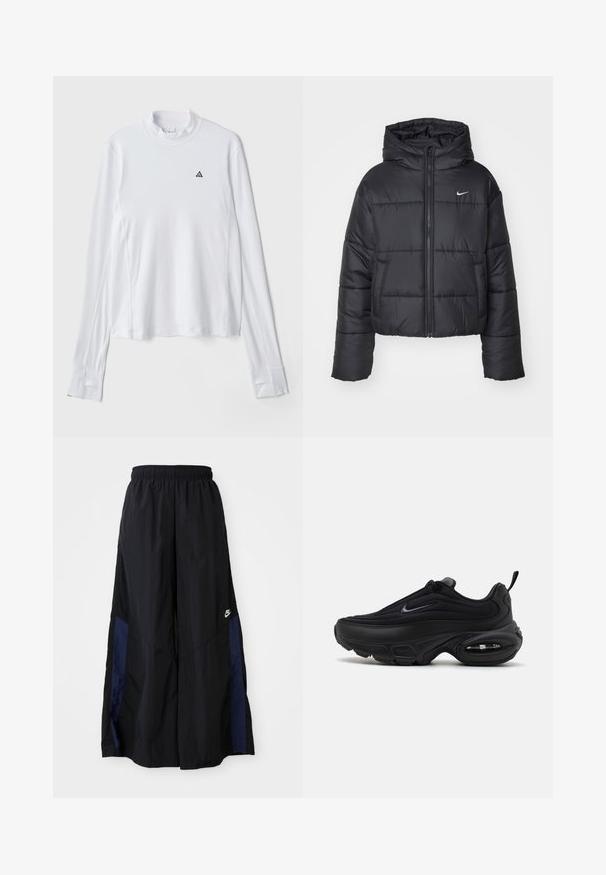 Juodas pūkinis švarkas, pagamintas iš nailono, su užtrauktuku šone, gobtuvu ir dviem priekiniais kišenėmis. Dizainas apima siūtas dalis ir mažą logotipą.; Balta ilgomis rankovėmis marškiniai su aukštu kaklu, su mažu juodu trikampiu logotipu ant krūtinės ir tekstūruotu audiniu.; Juodos plačios kojų kelnės, pagamintos iš lengvos medžiagos, su tamsiai mėlyna šonine juostele ir elastinga juosmens juosta. Maža balta logotipo etikete apačioje.; Juodas sportinis batas su lygiu, tekstūruotu paviršiumi. Turi apvalų nosį, paminkštintą apykaklę ir matomą oro pagalvę padais.