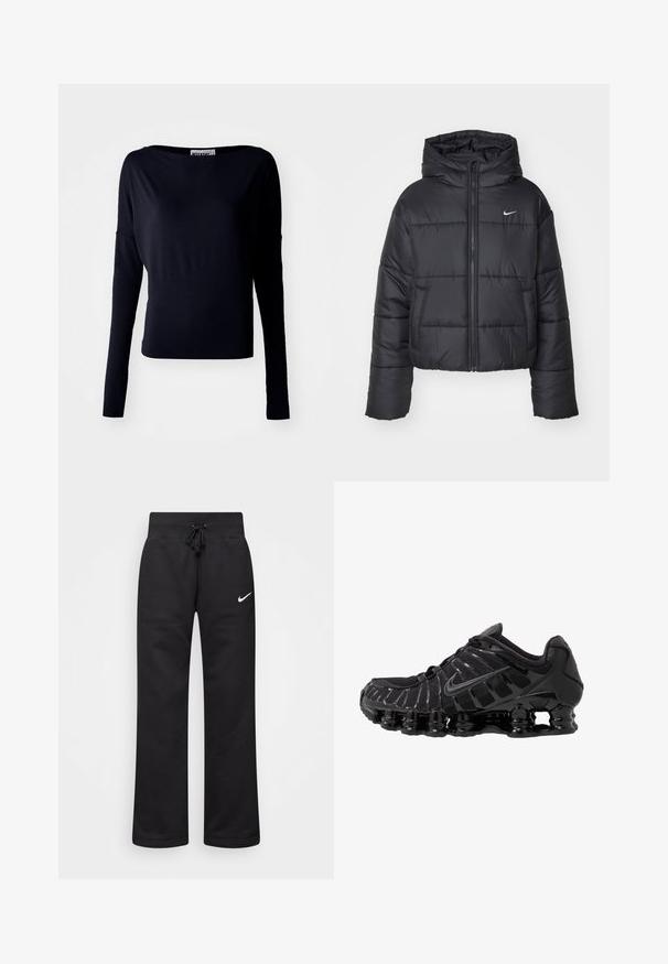 Black puffer jacket made of nylon, featuring a zip front, hood, and two front pockets. The design includes stitched sections and a small logo.; Navy long-sleeve top with a boat neckline and loose fit. Made of smooth fabric with minimal seams and no visible accents or hardware.; Black sweatpants made of cotton blend, featuring a drawstring waistband, straight legs, and a white Nike logo on the left side.; Black athletic shoe with mesh upper and glossy overlays. Features curved coil cushioning and textured lines on the side. Nike logo visible.