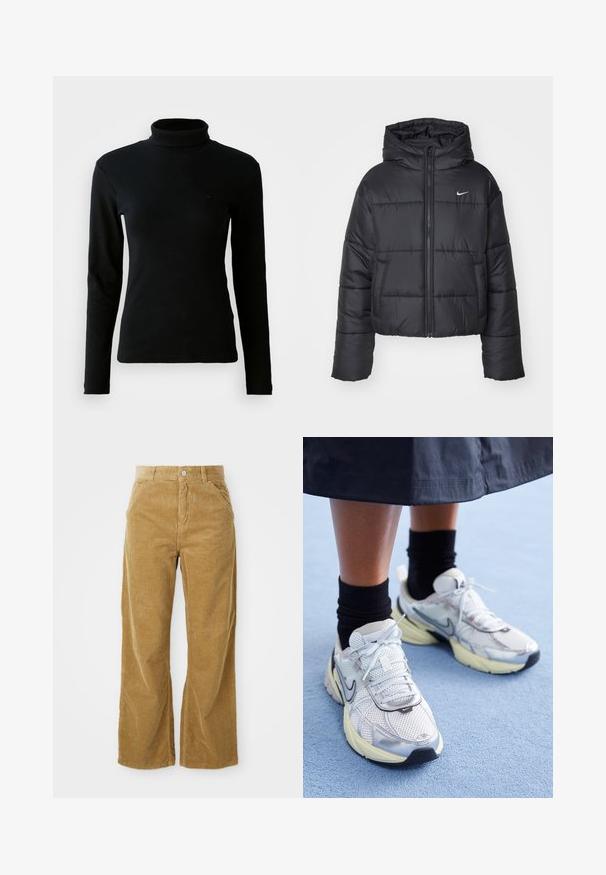 Svart puffjacka i nylon, med dragkedja fram, huva och två framfickor. Designen inkluderar stickade sektioner och en liten logotyp.; Svart, ribbad långärmad polotröja med figurnära silhuett mot en enfärgad vit bakgrund.; Ljust bruna corduroy vida byxor med ett texturerat ribbat mönster, fem fickor och en knappstängning i midjan.; Vita och silver Nike-sneakers i mesh-material, med reflexdetaljer och en beige sula. Bärs med svarta strumpor, står på en blå yta.