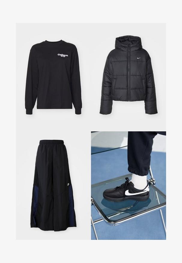 Zwarte pufferjack van nylon, met een rits aan de voorkant, een capuchon en twee vo pockets. Het ontwerp heeft gestikte secties en een klein logo.; Zwarte langemouwen T-shirt van katoen. Heeft een ronde hals en een eenvoudig wit "Carhartt WIP" logo op de linkerborst. Regular fit.; Zwarte wijdlopende broek van lichtgewicht stof, met een marineblauwe zijpaneel en een elastische tailleband. Klein wit logo onderaan.; Zwarte Nike sneakers met witte accenten, met een gladde leren textuur, vetersluiting en ronde neus, geplaatst op een glazen stoel.