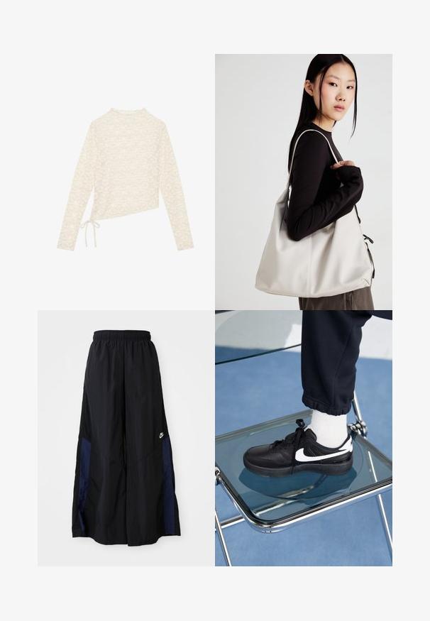 Black puffer jacket made of nylon, featuring a zip front, hood, and two front pockets. The design includes stitched sections and a small logo.; Cream long-sleeve top, featuring a floral lace pattern, high neck, and a side tie detail for adjustable fit. Soft texture and lightweight fabric.; Black wide-leg pants made of lightweight fabric, featuring a navy blue side panel and an elastic waistband. Small white logo on bottom.; Black Nike sneakers with white accents, featuring a smooth leather texture, lace-up design, and rounded toe, positioned on a glass chair.; Beige handbag made of soft material, featuring a slouchy design, stitched detailing, and two shoulder straps. Suitable for everyday use.