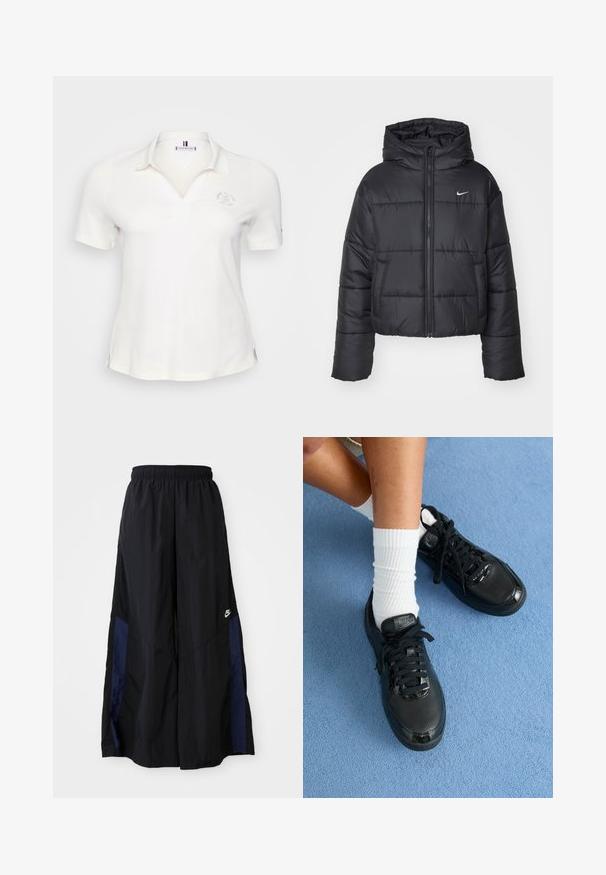 Černá péřová bunda vyrobená z nylonu, s předním zipem, kapucí a dvěma předními kapsami. Design zahrnuje prošívané části a malé logo.; Bílé polo tričko s krátkým rukávem a límečkem, s jemnou výšivkou loga a bočními rozparky pro snadný pohyb. Hladká textura a lehký materiál.; Černé kalhoty širokého střihu vyrobené z lehkého materiálu, s námořnickou modrou bočním panelem a elastickým pasem. Malé bílé logo na spodní části.; Černé tenisky Nike mají texturovaný svršek, lesklé akcenty a kulaté tkaničky. Jsou doplněny o bílé žebrované ponožky na světle modrém povrchu.