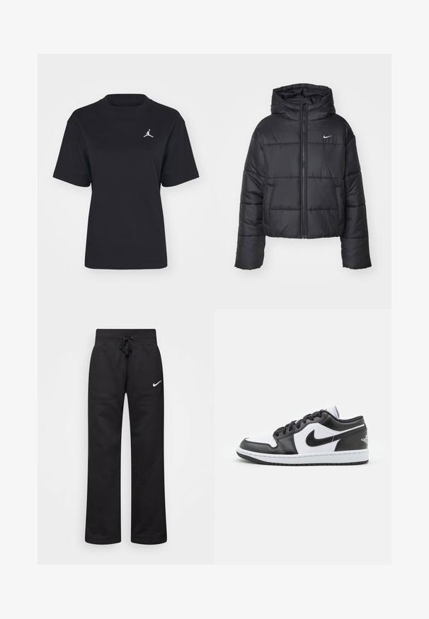 Crna puf jakna izrađena od najlona, s patentnim zatvaračem sprijeda, kapuljačom i dva prednja džepa. Dizajn uključuje šivene dijelove i mali logo.; Crna pamučna majica s okruglim izrezom i kratkim rukavima. Ima bijeli Jumpman logo na lijevoj strani prsnog koša. Glatka tekstura, redovne veličine.; Crne trenirke od mješavine pamuka, s elastičnim pojasom s vezicom, ravnim nogavicama i bijelim Nike logotipom na lijevoj strani.; Crno-bijele Nike niske tenisice imaju glatku kožnu gornjište, okrugli vrh, vezanje na vezice i uzorčeni gumeni potplat.