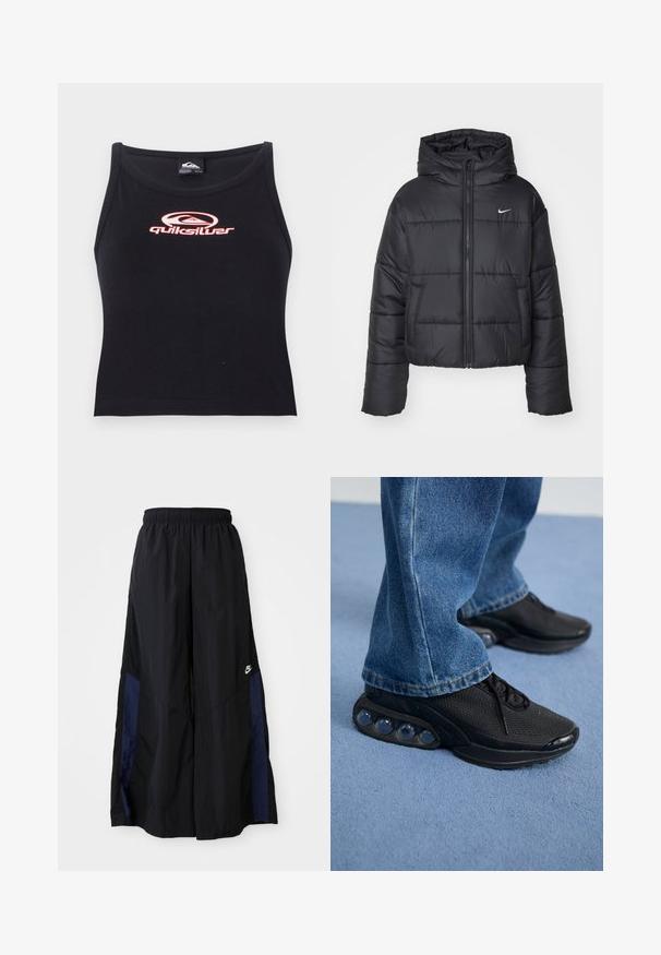 Melnā pūkainā jaka, kas izgatavota no neilona, ar rāvējslēdzēja priekšpusi, kapuci un divām priekšējām kabatām. Dizainā ietilpst šuvju sekcijas un mazs logotips.; Melna bez piedurknēm krūšturis, izgatavots no mīksta auduma, ar rozā Quiksilver logo, kas novietots centrā uz krūtīm. Vienkāršs dizains ar noapaļotu kakla izgriezumu.; Melni plata kāju bikses no viegla auduma, ar tumši zilu sānu paneli un elastīgu jostu. Mazs balts logotips apakšā.; Melnas sporta kedas ar sietu augšdaļu, teksturētām akcentiem un redzamajām gaisa amortizācijas podiem zolei. Valkātas ar zilu džinsu biksēm.